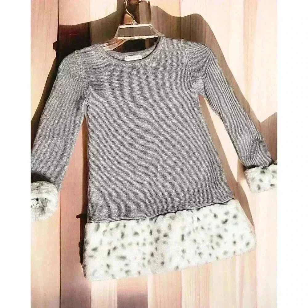 Girls Catharine Malandrino Long Silver Sweater With Animal Print Faux Fur Size6X